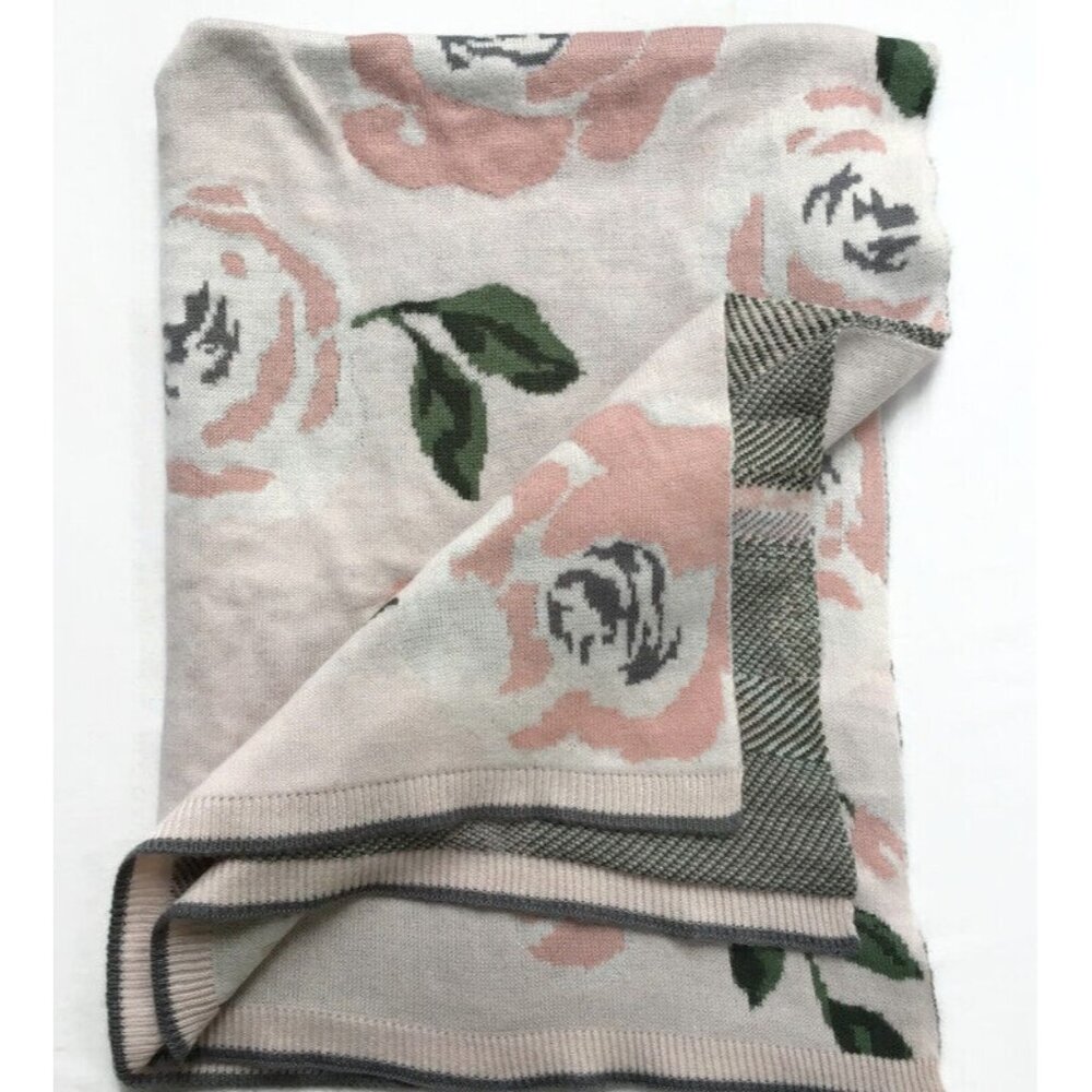 Pottery Barn Kids Meredith Knit Pink Floral Rose Baby Nursery Blanket 46x30